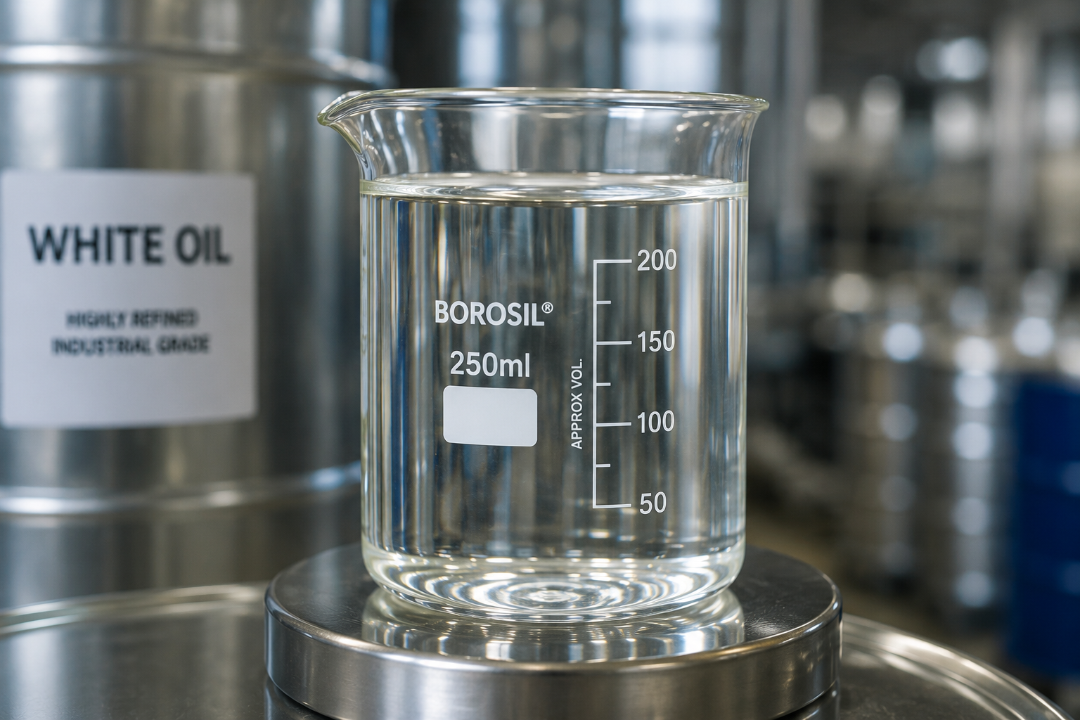 Clear White Oil sample in a laboratory beaker